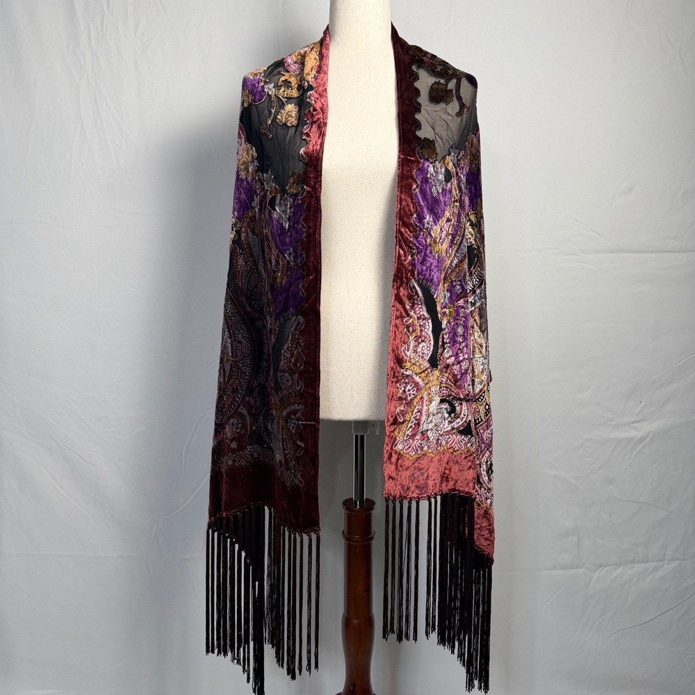 Vtg. CCC Silk Burnout Velvet Patchwork Paisley Fringe Shawl Wrap Scarf Burgundy